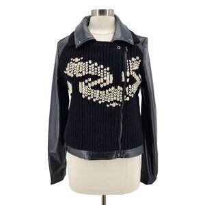 Anthropologie Ett:twa Womens Medium Jacket Sweater-Trimmed Faux Leather Wool